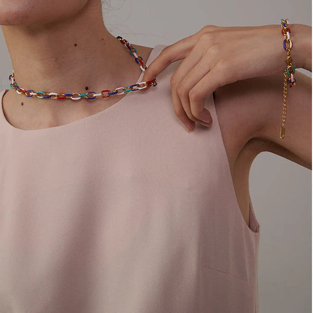 Set Collana e Bracciale Cuban Link Acciaio Inossidabile Smaltato Oro