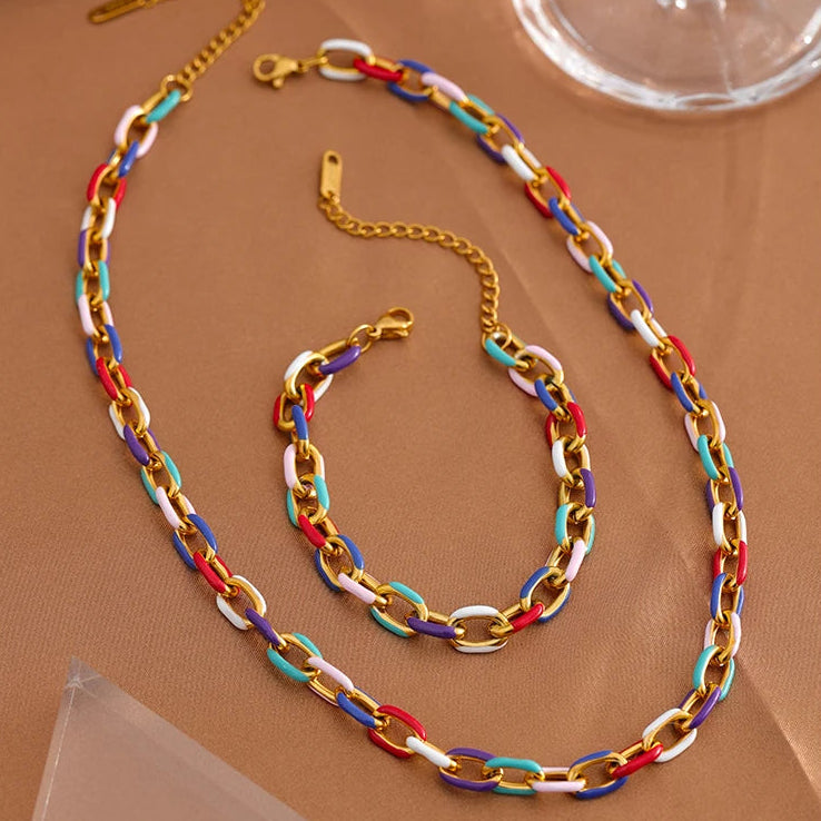 Set Collana e Bracciale Cuban Link Acciaio Inossidabile Smaltato Oro