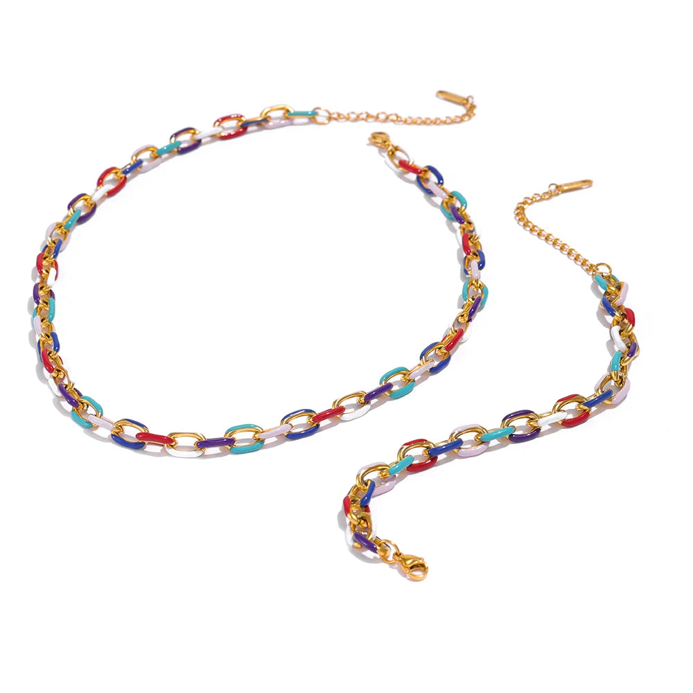Set Collana e Bracciale Cuban Link Acciaio Inossidabile Smaltato Oro