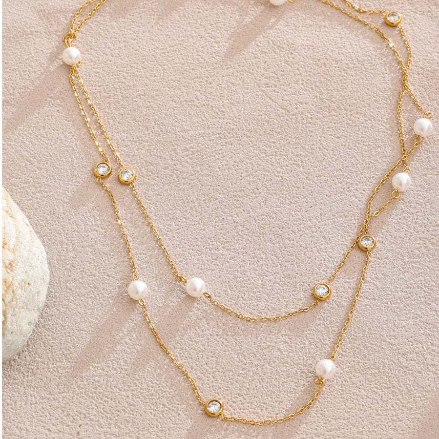 Collana JINYOU 5550 Doppio Strato con Perle e Zirconi Elegante